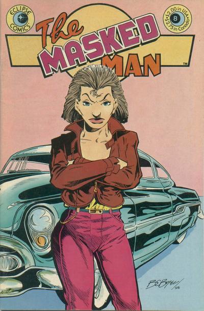 Roxy, the Masked Man's sister is a short haired brunette dressed in pink trousers, a yellow shirt and a brown leather jacket. She stands with her arms folded in front of a car.